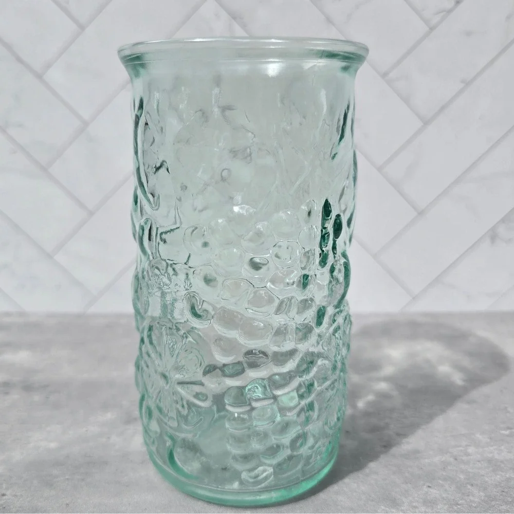 Vintage Made in Italy Green Glass Fruit Embossed Vase Carafe Grapes Citrus